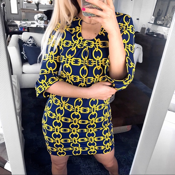 💫 ARYEH ANTHROPOLOGY YELLOW CHAIN DARK BLUE DRESS - Picture 10 of 10